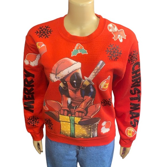 Marvel Deadpool Ugly Christmas Sweatshirt glittery Christmas spell out size S - Picture 14 of 14